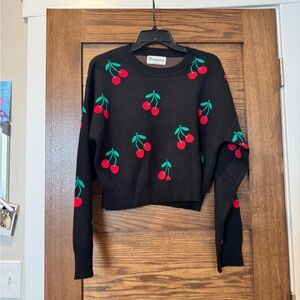 Cherry Print Black Cropped Sweater